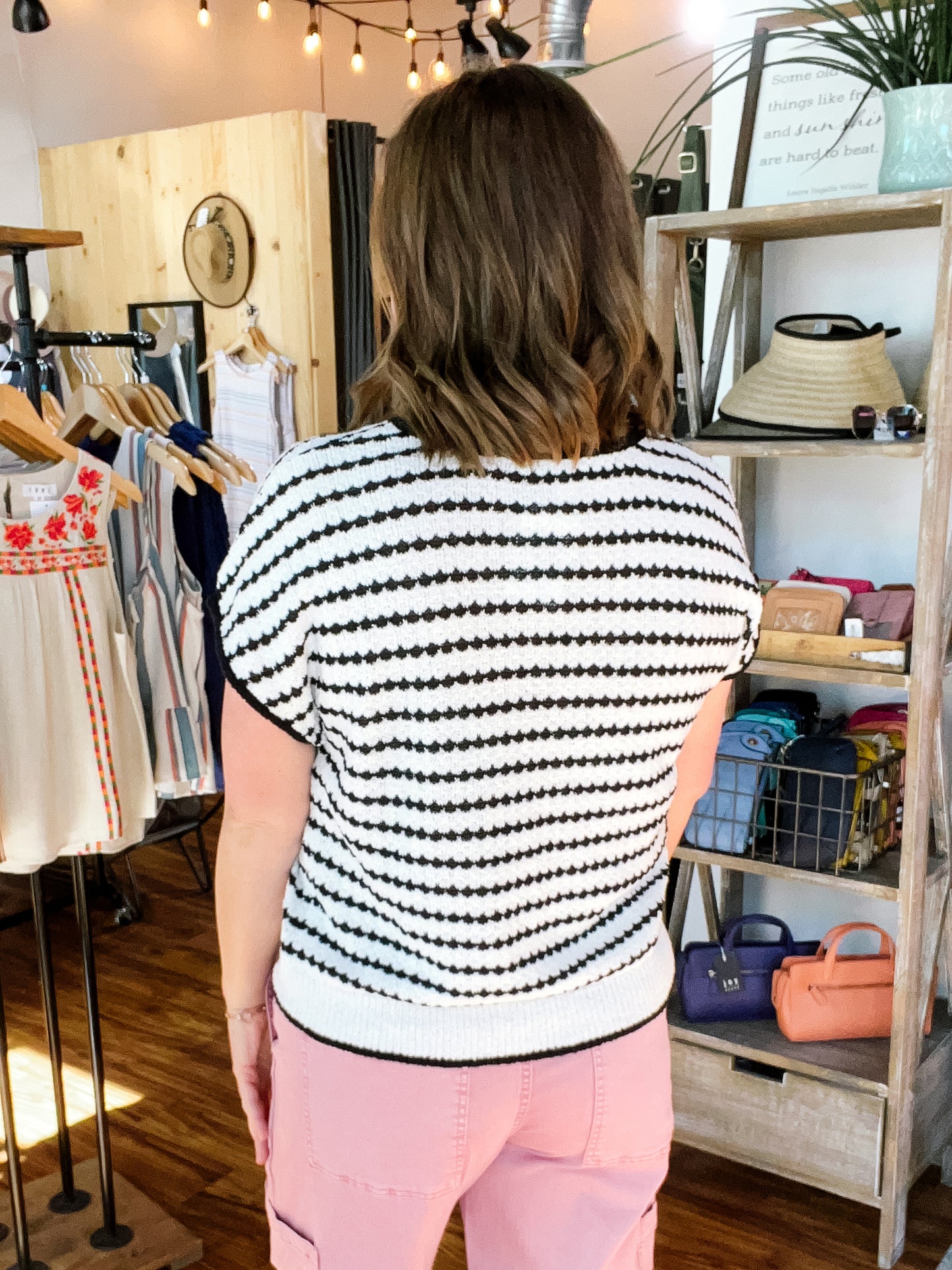 White W/Black Stripe Short Sleeve Sweater