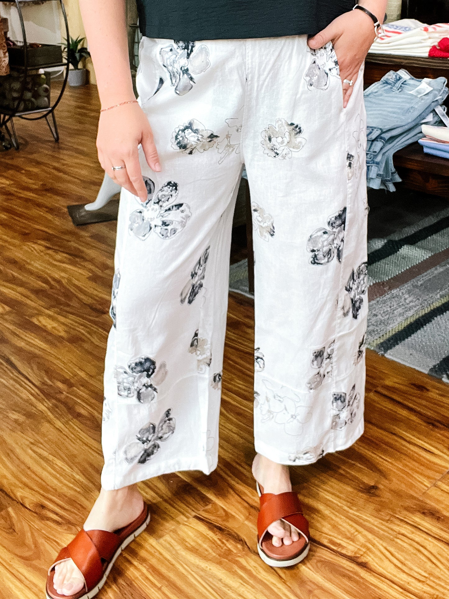 White Floral Linen Pant