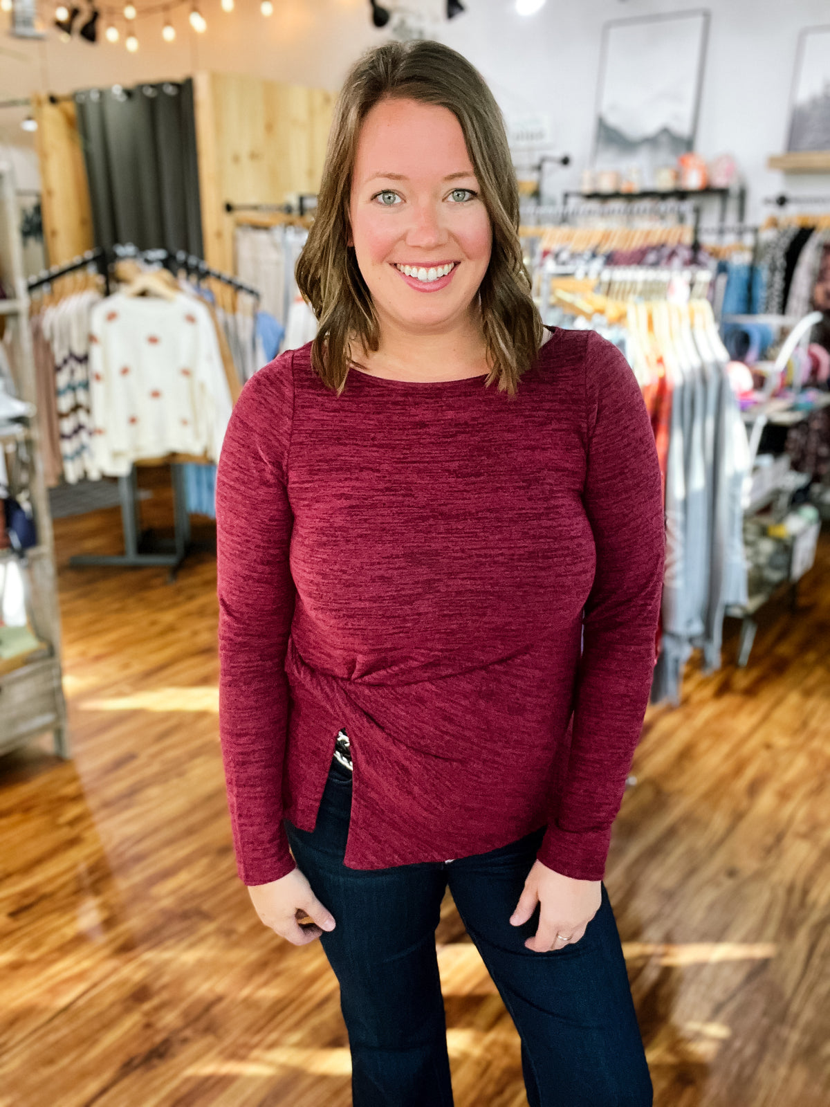 Heathered Cranberry Long Sleeve Twist Top