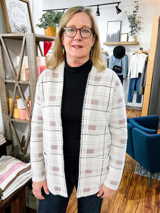 Cream & Tan Checked Open Front Cardigan