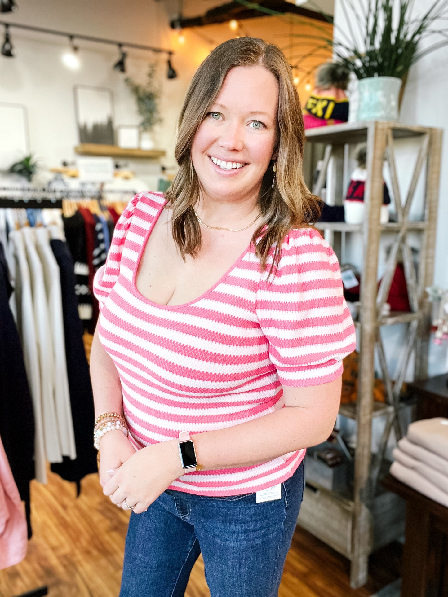 Pink Stripe Short Sleeve Sweater