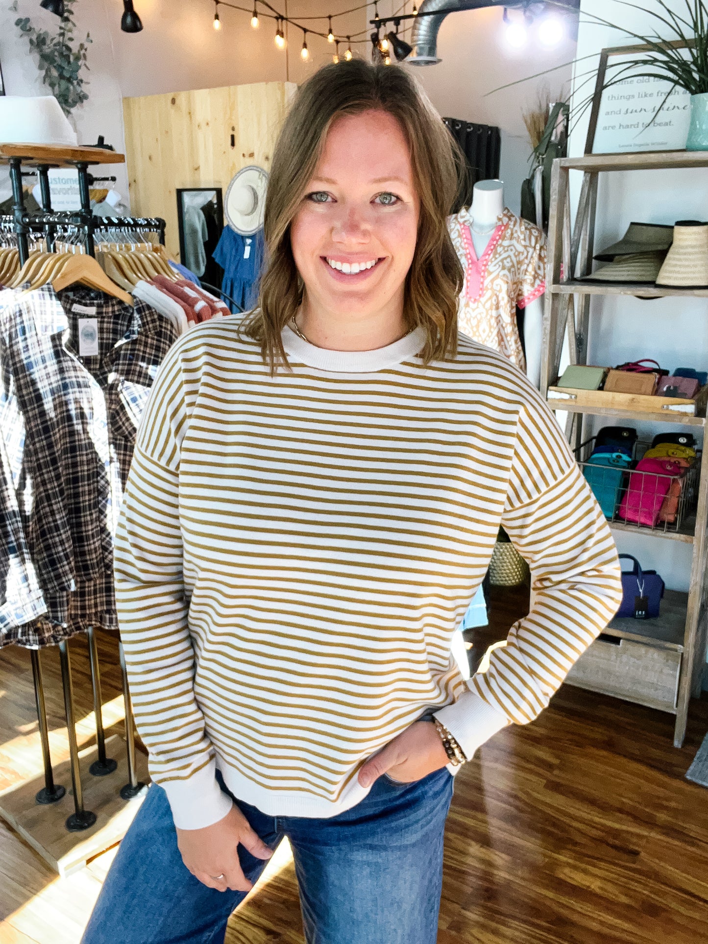 Cream And Camel Striped Crewneck Light Sweater