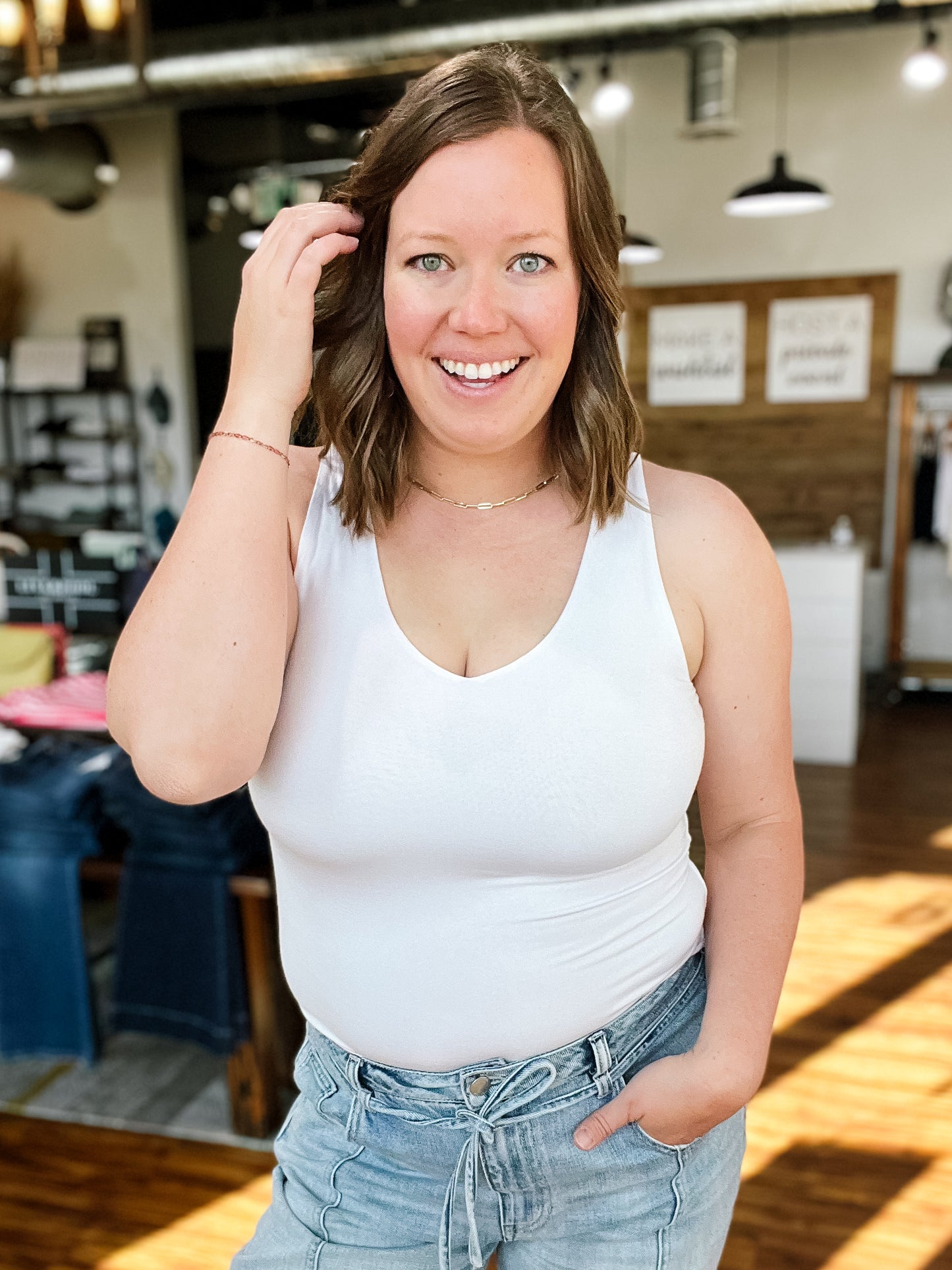 White V-Neck Double Layer Tank