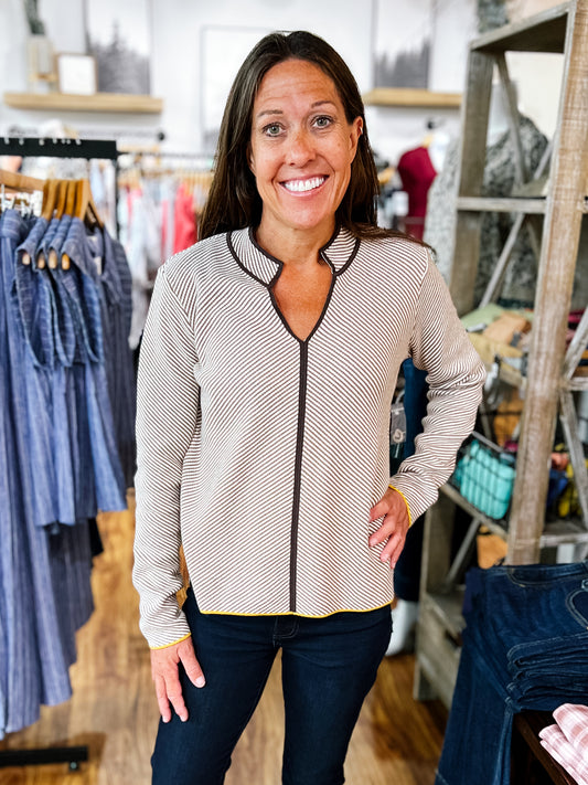 Brown/Ivory Stripe Split Neck Sweater