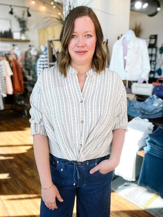 Tan & Black Stripe Twist Front Top