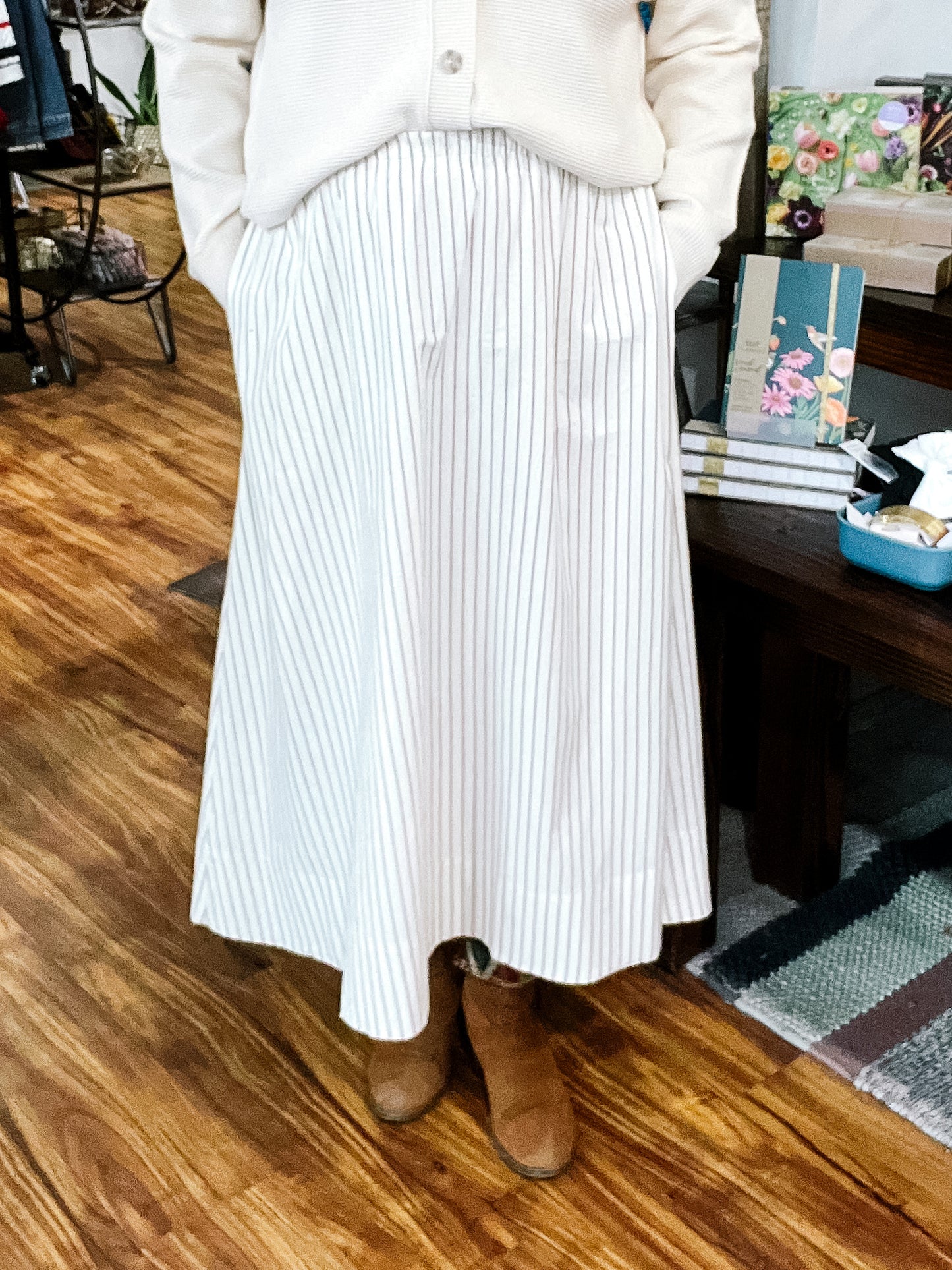 Cream Stripe Midi Skirt