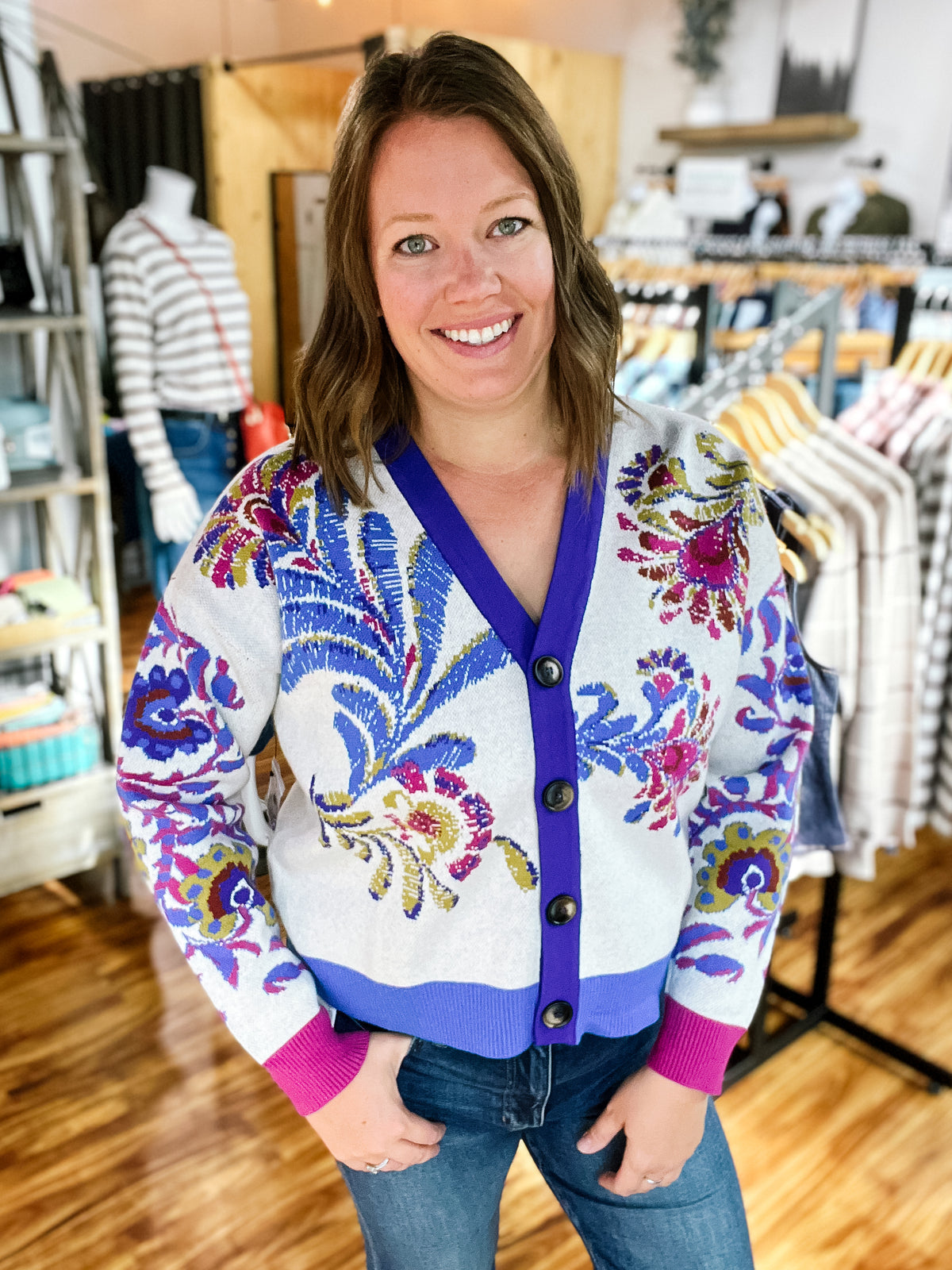 Jacquard Button Front Cardigan