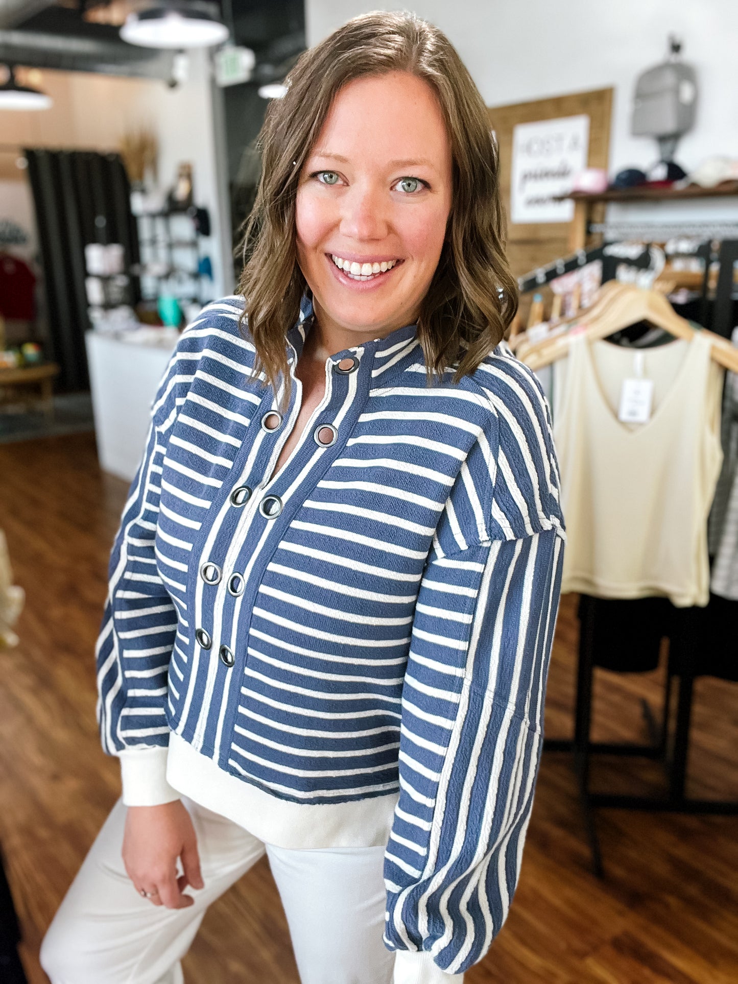 Blue Stripe Pop Over Top