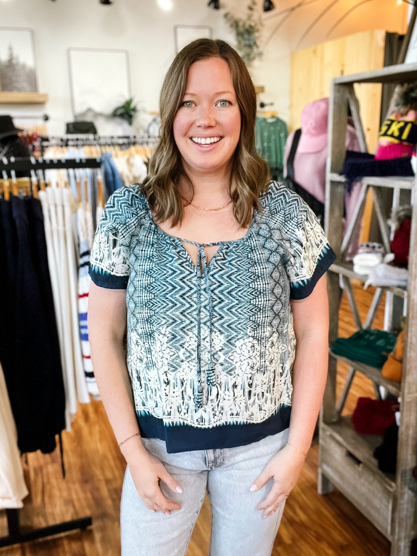 Navy Ikat Print Short Sleeve Top