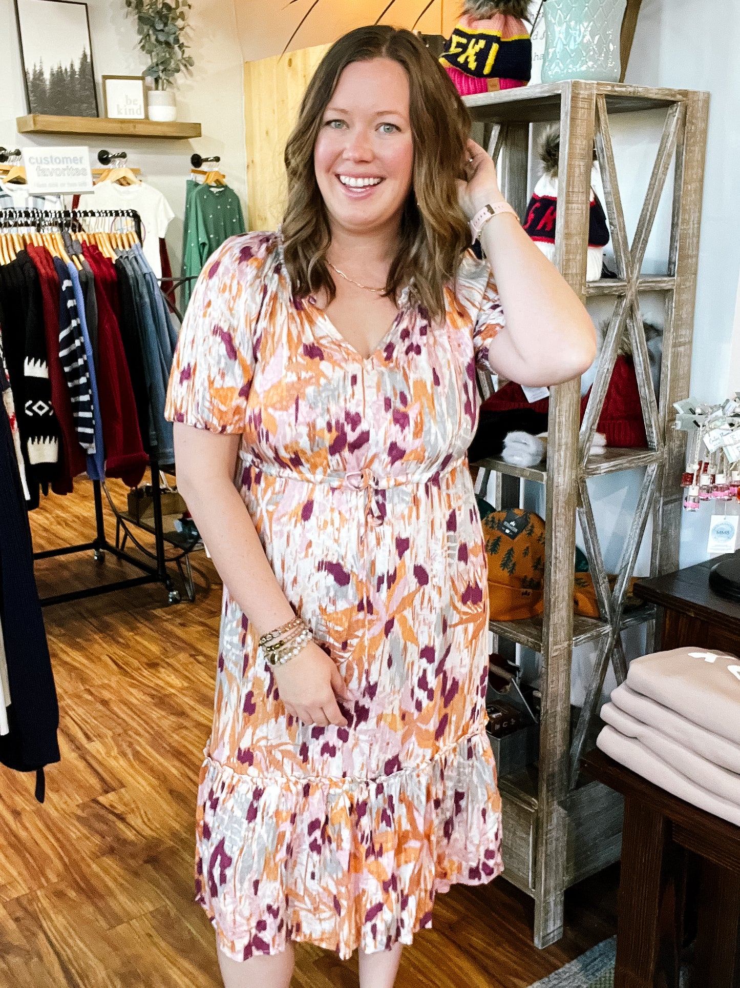 Ivory W/Plum V Neck Dress