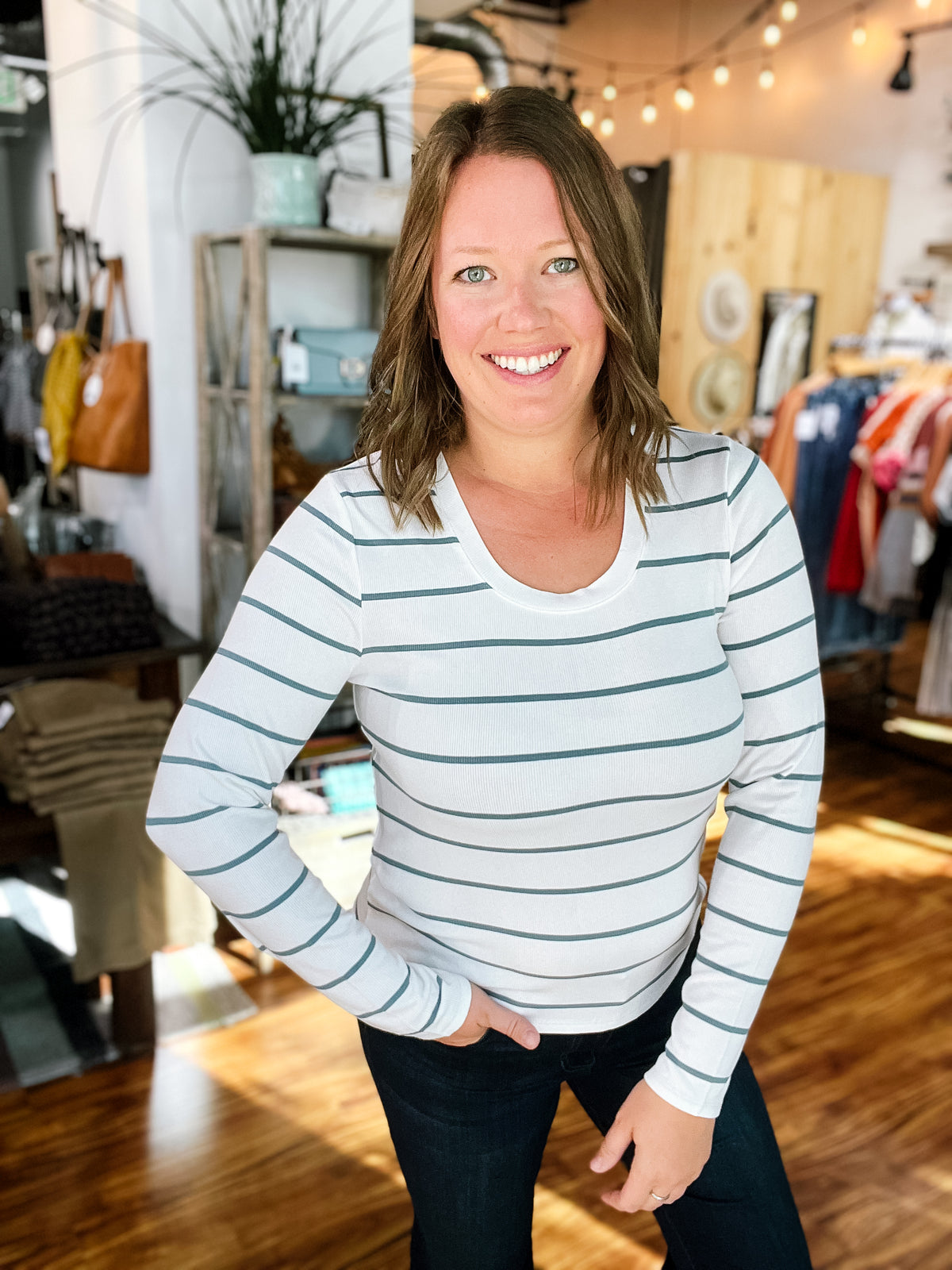 White & Sage Stripe Long Sleeve Top
