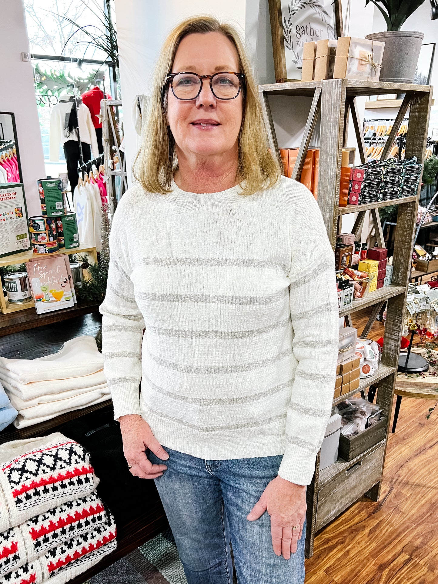 Cream W/Pebble Stripes Sweater