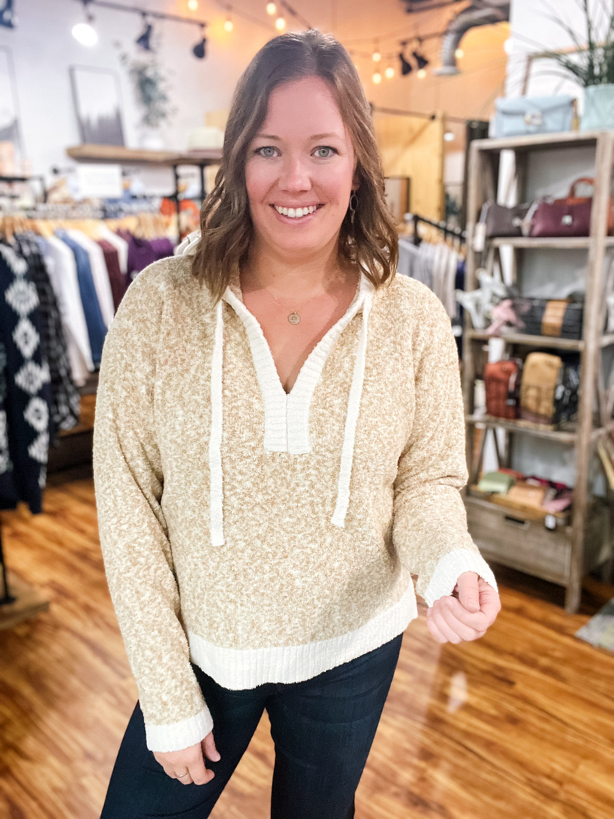 Oatmeal Cozy Hooded V-Neck Sweater