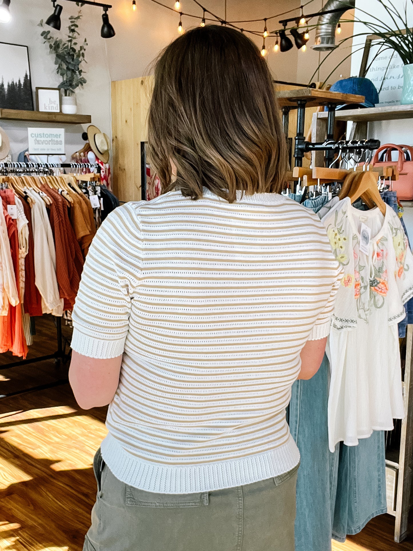 Cream & Taupe Stripe Short Sleeve Sweater