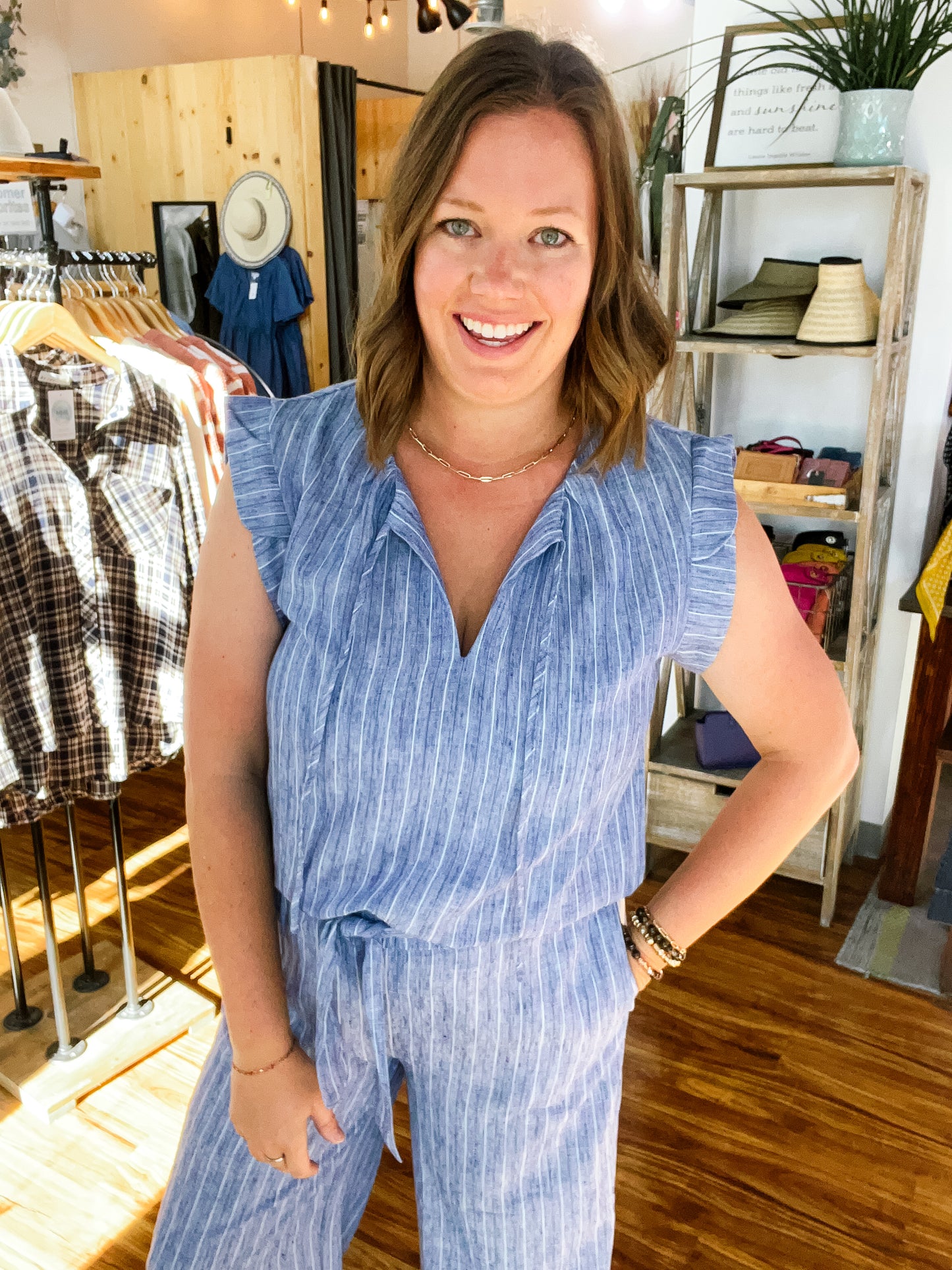 Blue Stripe Cap Flutter Sleeve Top
