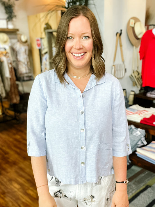 Light Blue Linen Button Front Shirt