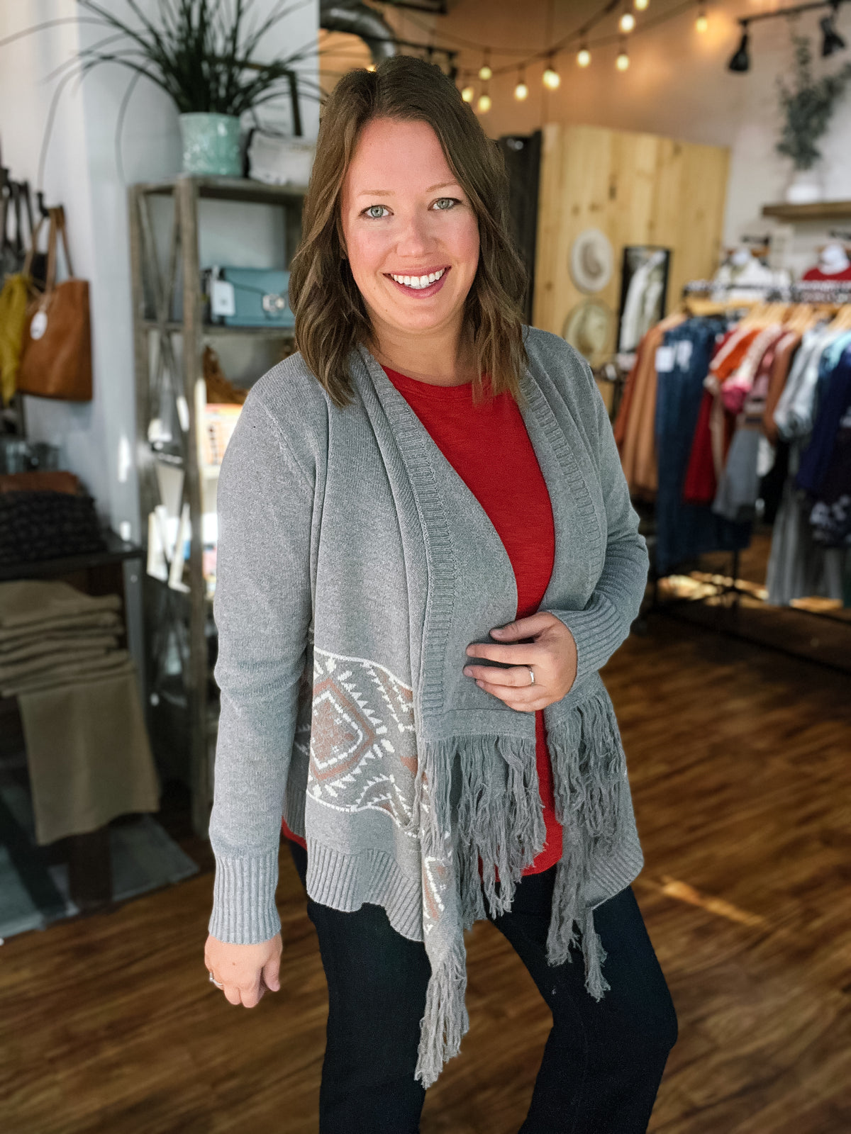Gray Aztec Fringe Cardigan