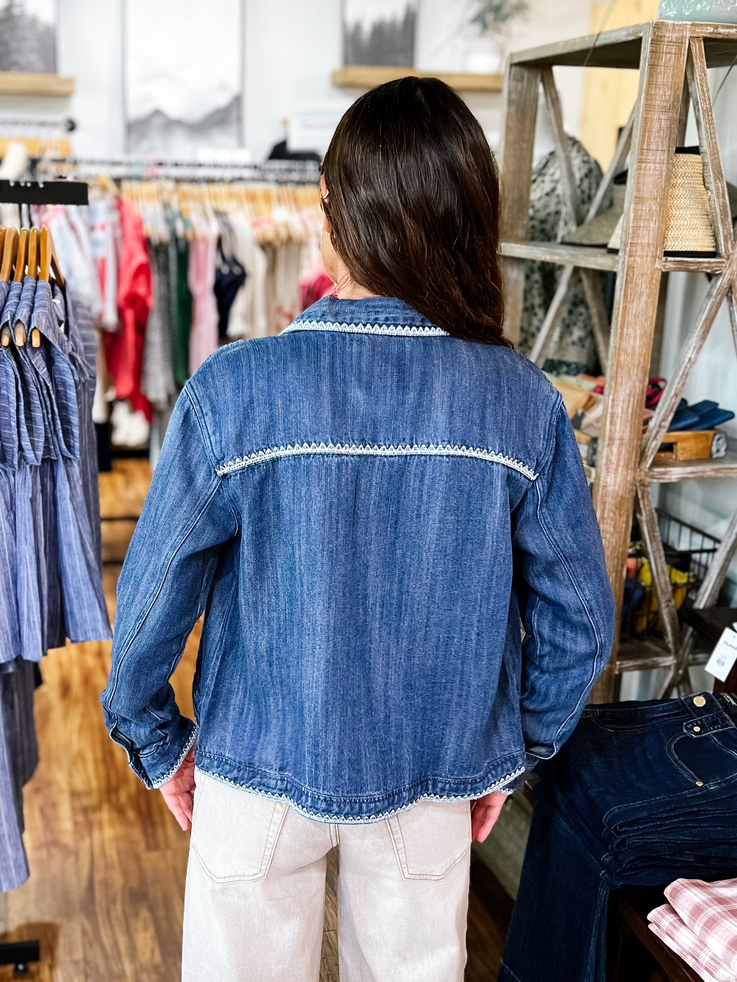 Medium Wash Denim Jacket With Embroidered Detailing