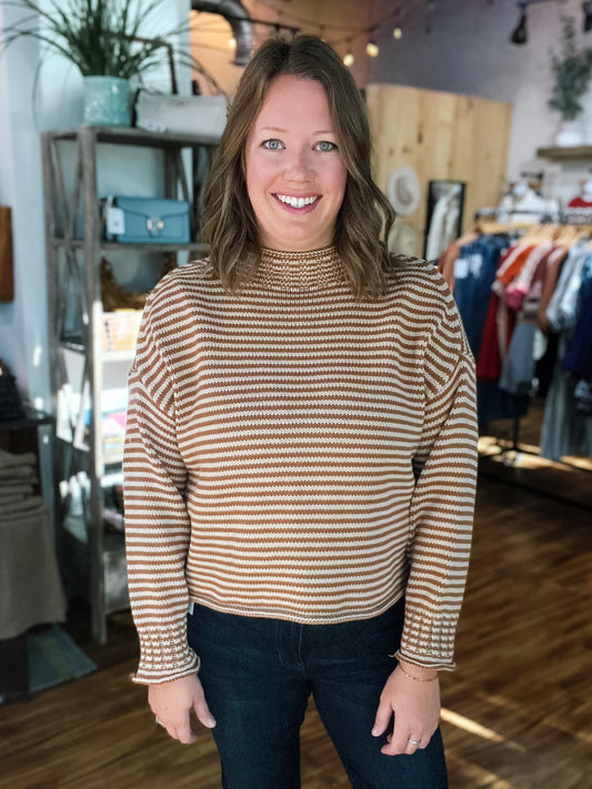 Brown & Tan Striped Mock Neck Sweater