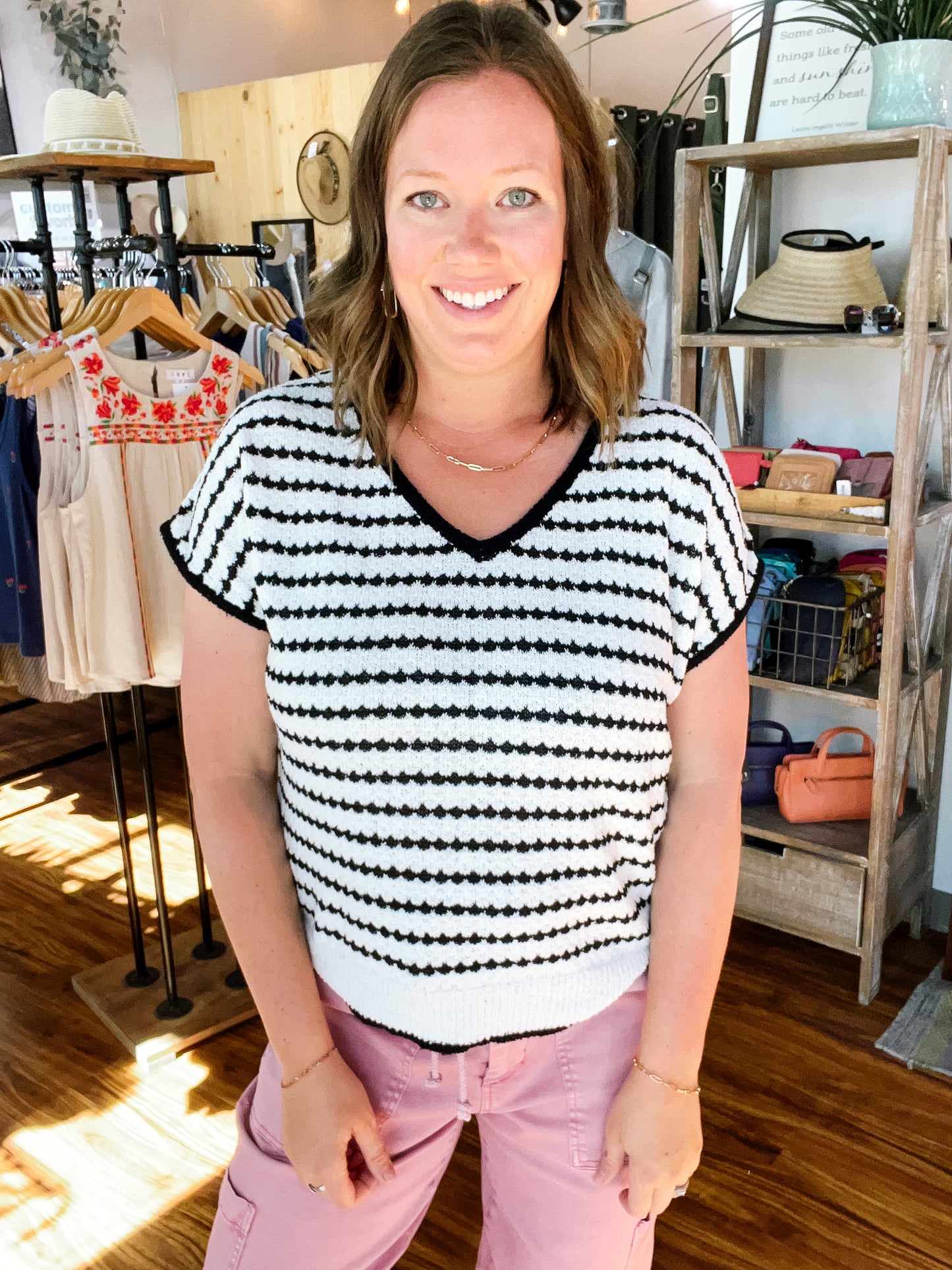 White W/Black Stripe Short Sleeve Sweater