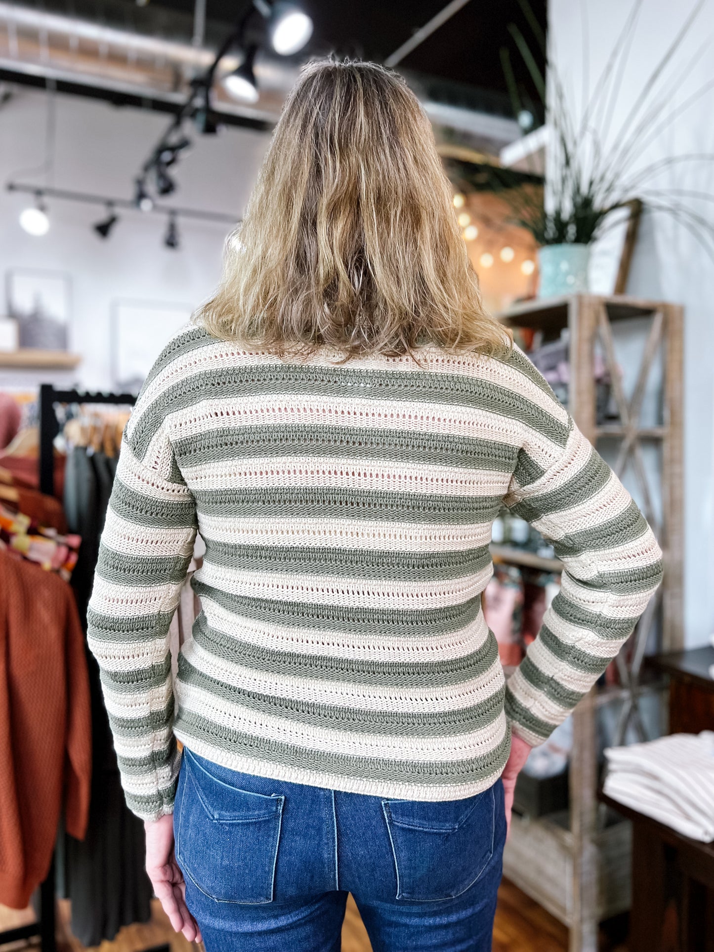 Olive/Cream Stripe Crochet Sweater