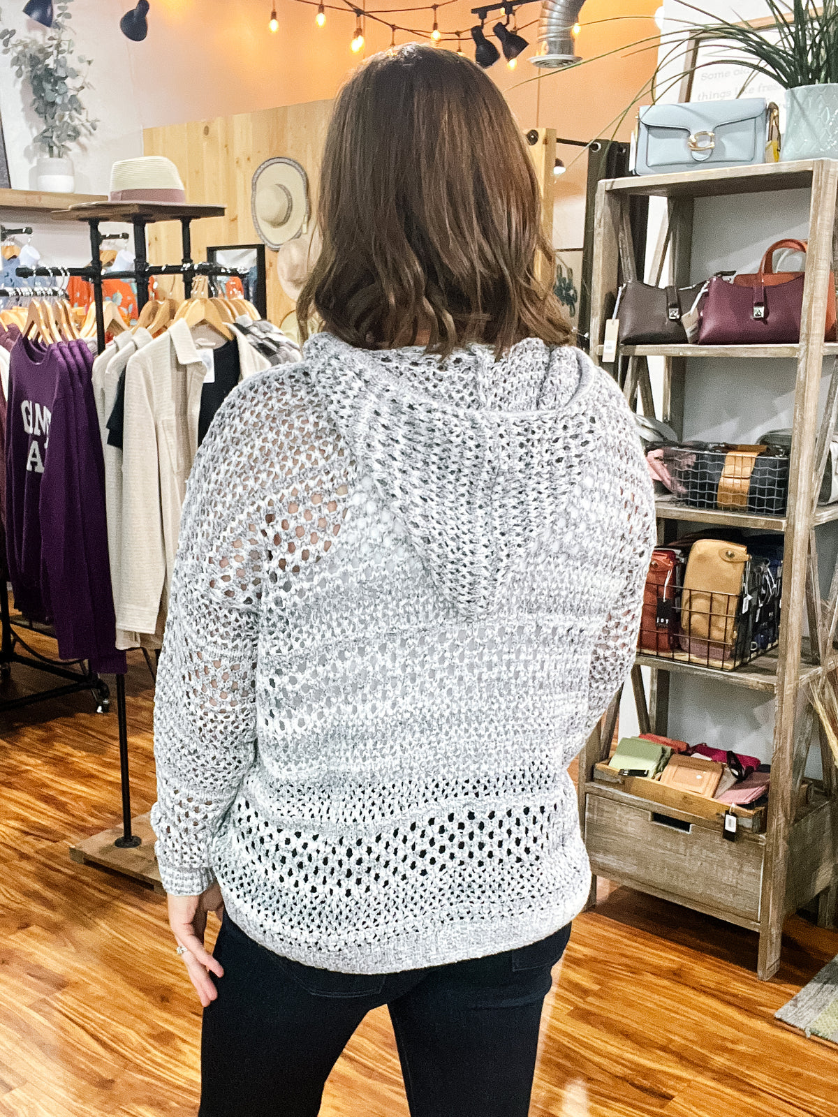 Gray & White Hooded Open Knot Sweater