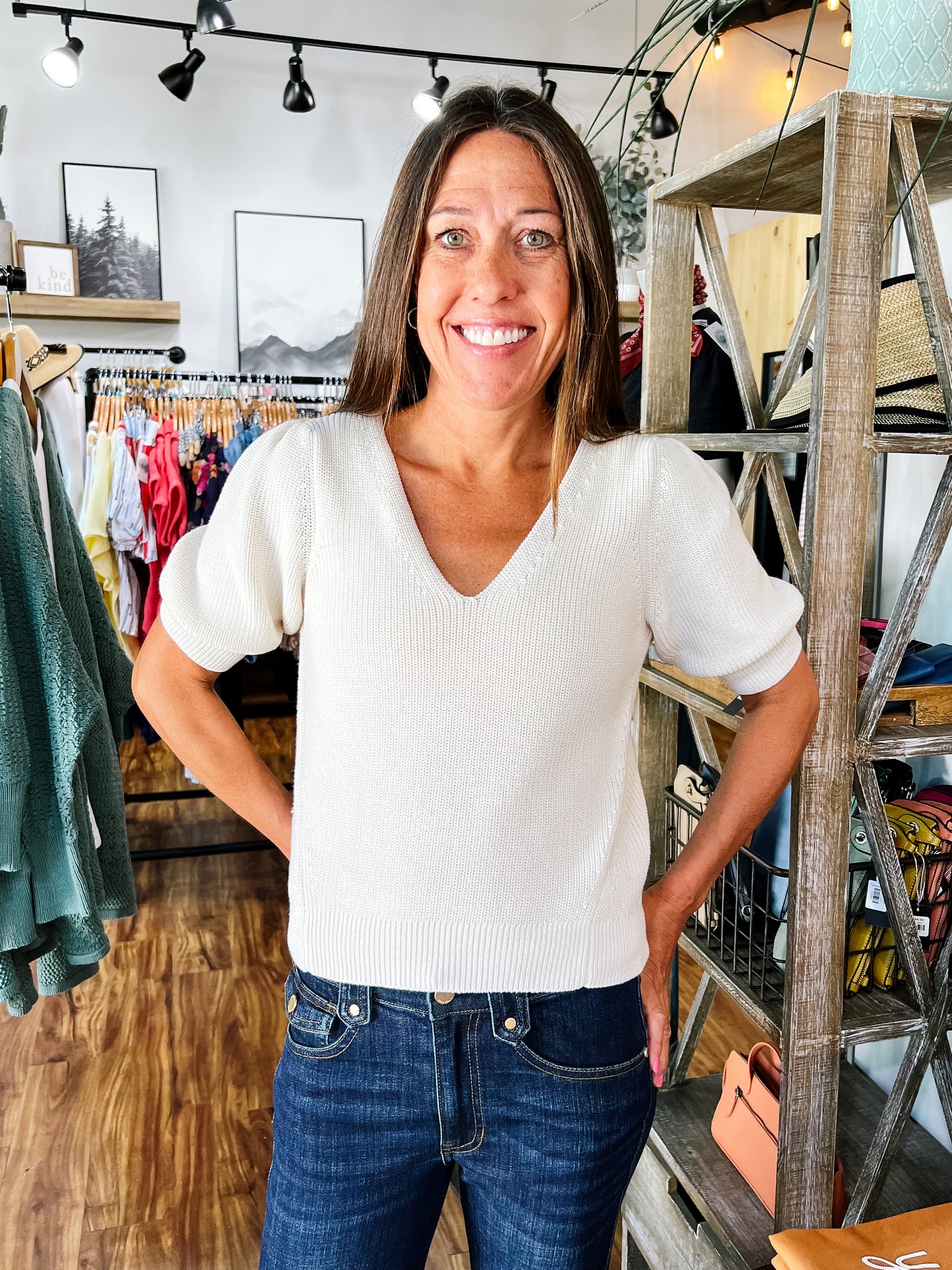 Cream V-Neck Puffy Sleeve Sweater