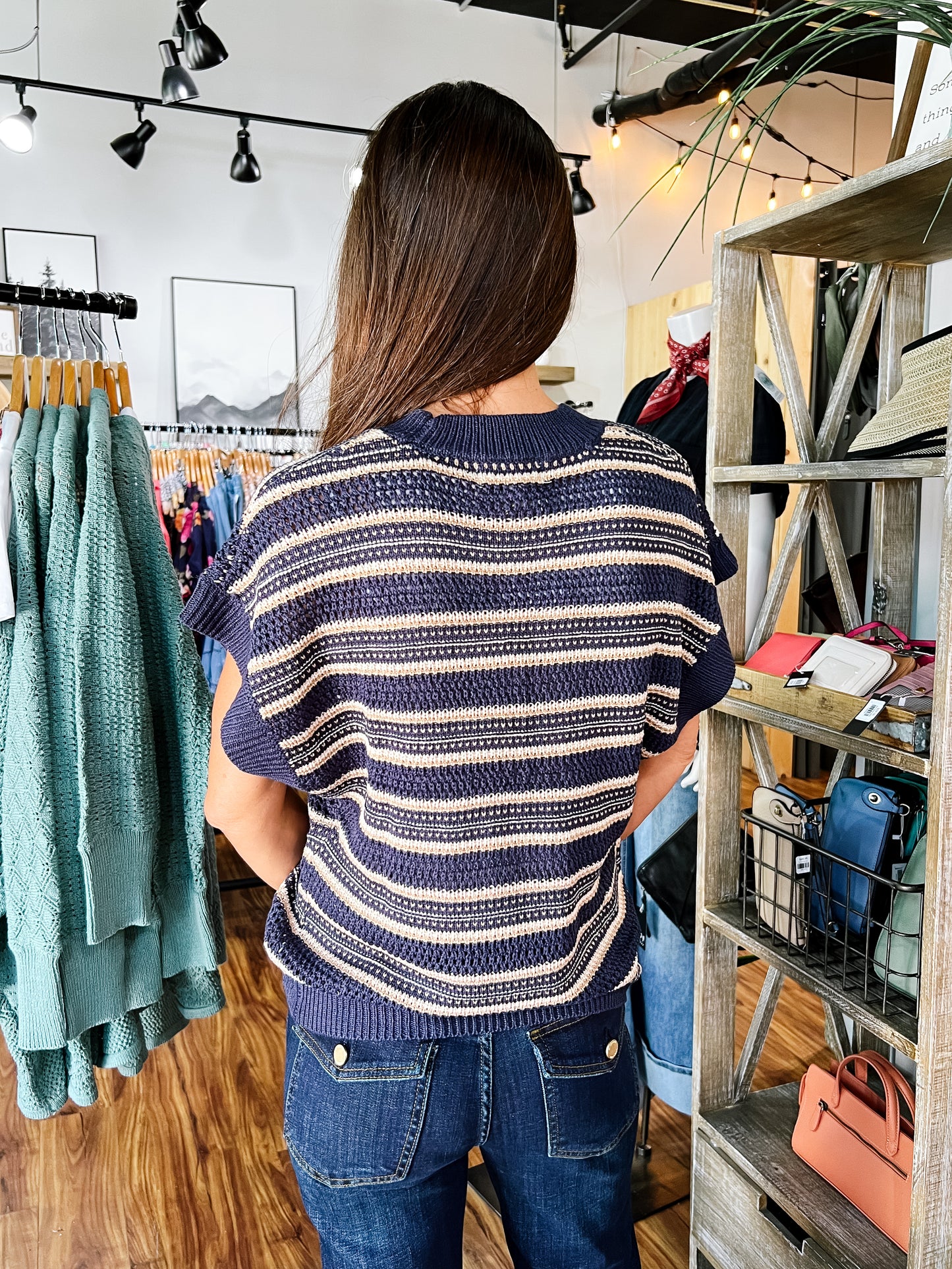 Navy & Brown Stripe Short Sleeve Sweater