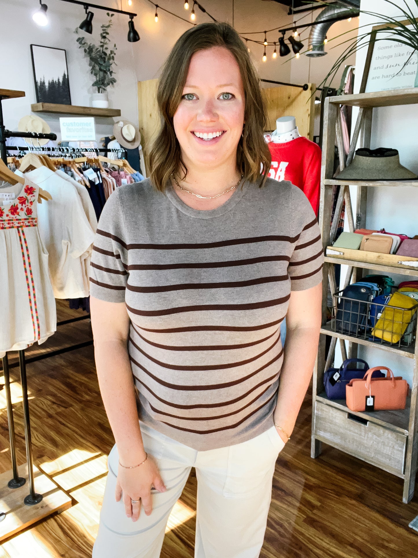 Hazelnut Stripe Short Sleeve Sweater