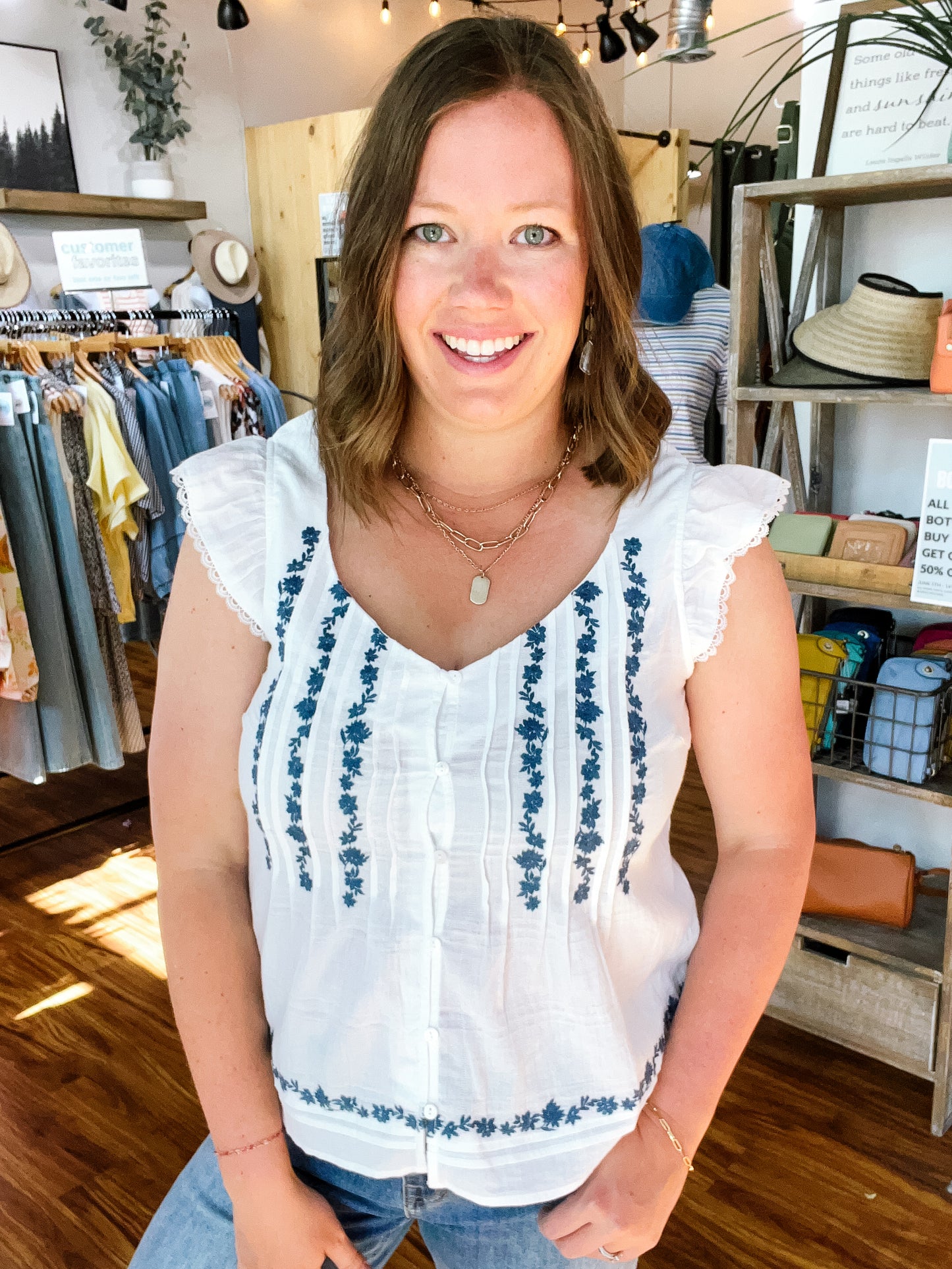 White & Blue Embroidered Button Front Top