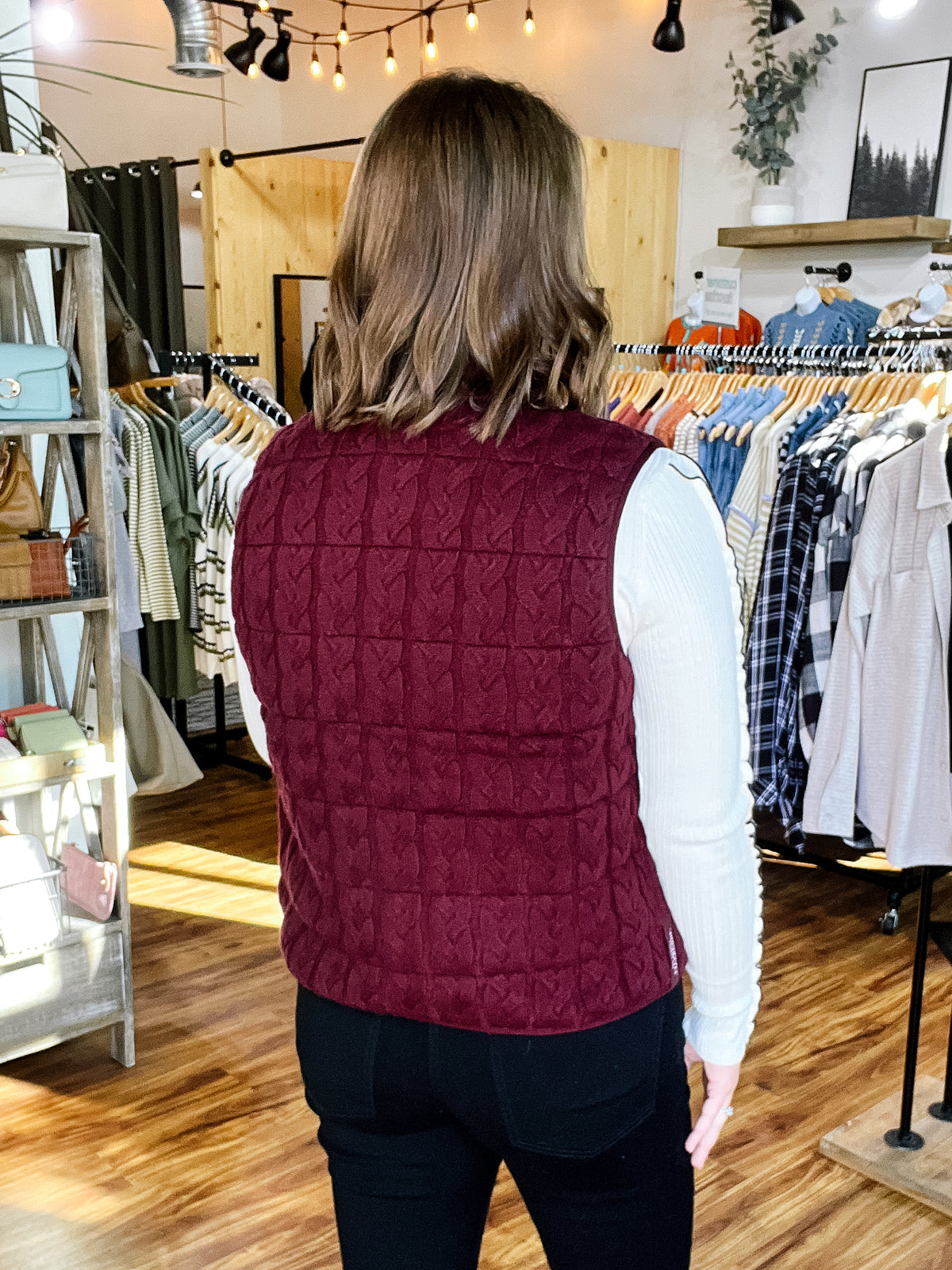 Plum Reversible Cable Knit Puffer Vest