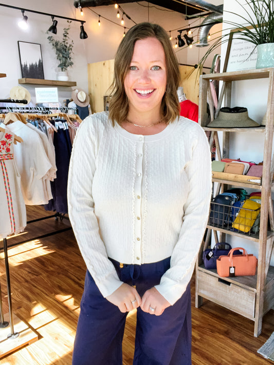 Cream Texture Gold Button Sweater