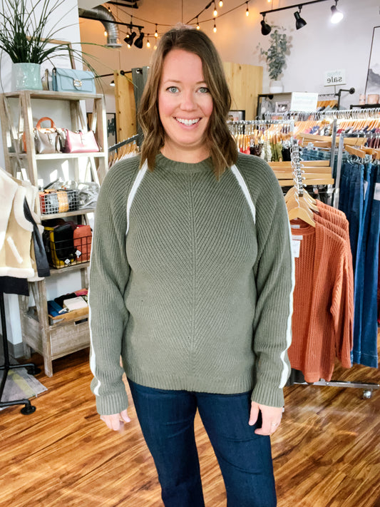Army Green w/ White Stripe Knit Sweater