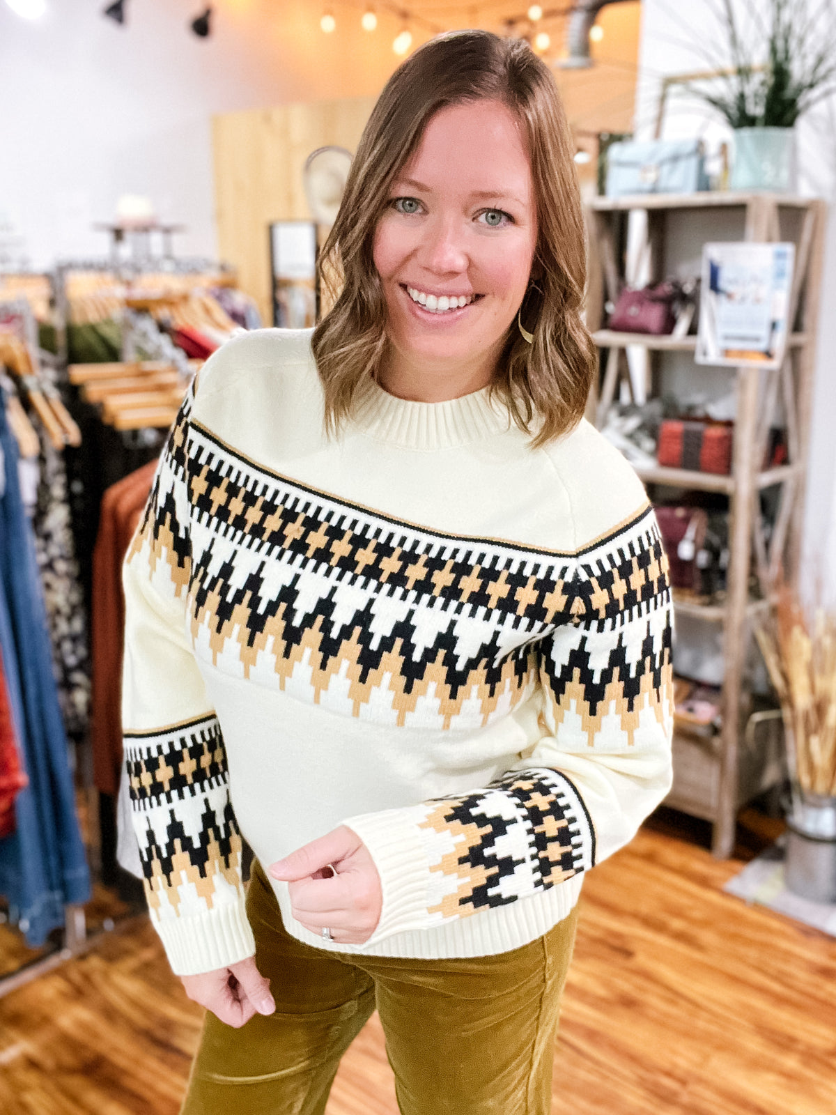 Ivory Black & Camel Aztec Print Sweater