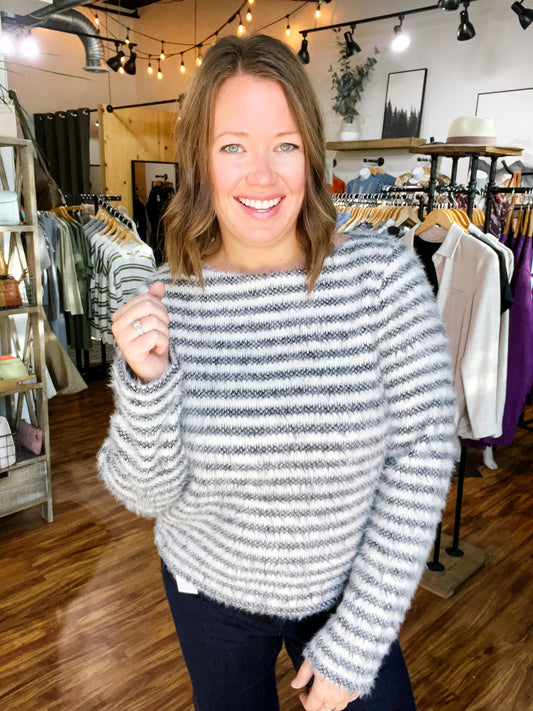 Cream & Black Stripe Boat Neck Sweater