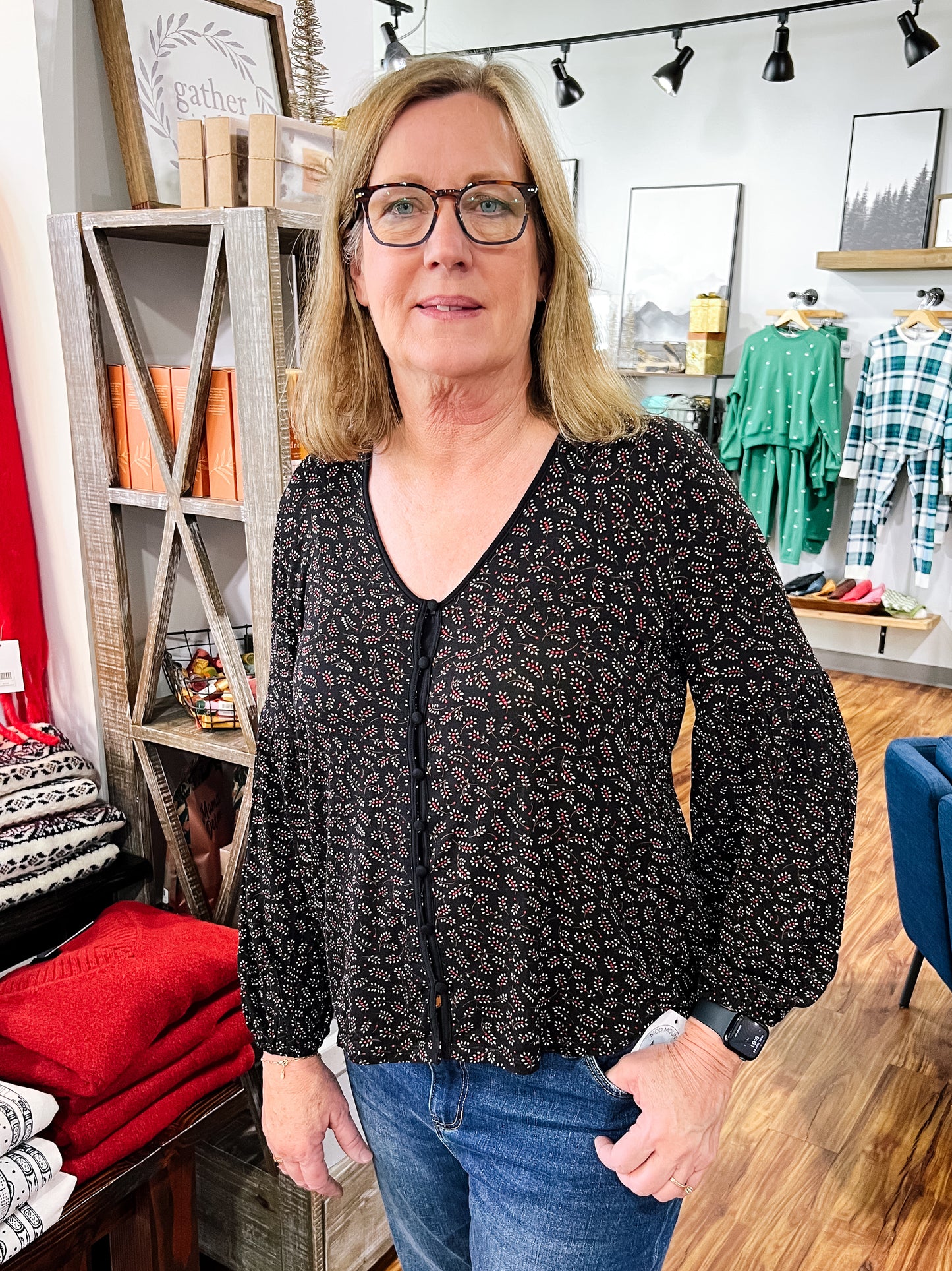 Black & Red Floral Button Blouse