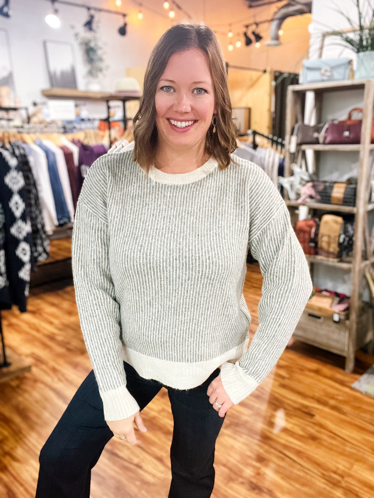 Olive Green & Cream Striped Sweater