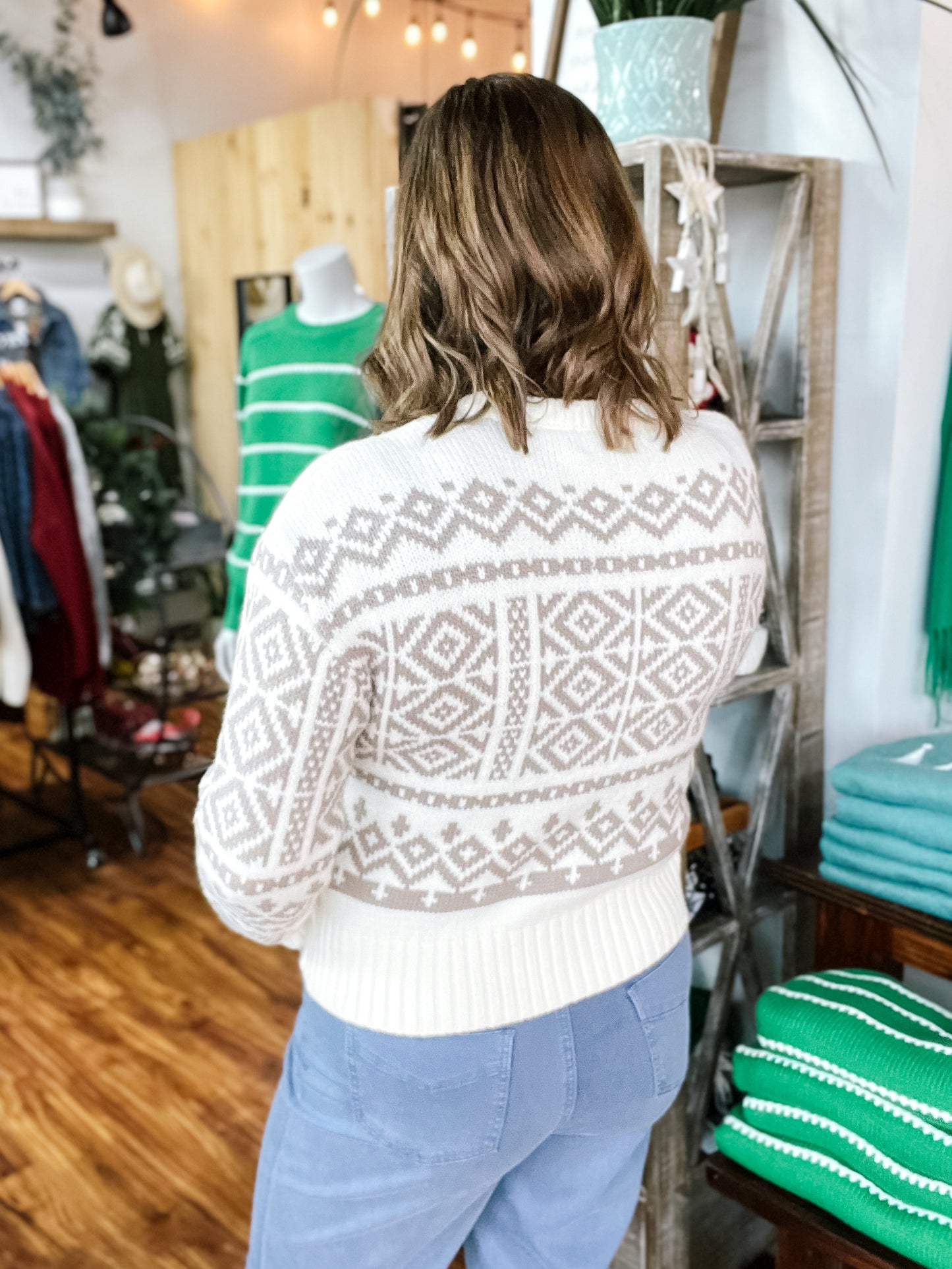 Cream And Tan Diamond Pattern Sweater