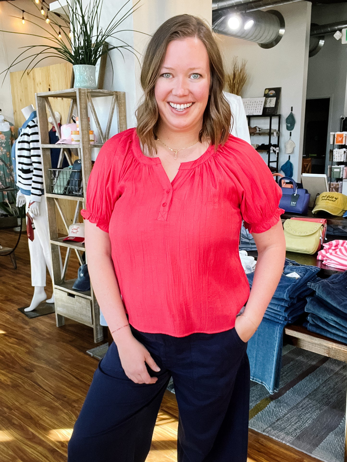 Red Gather Short Sleeve Top