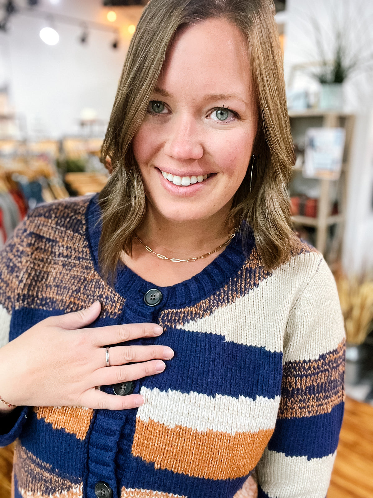Navy & Brown Abstract Striped Cardigan