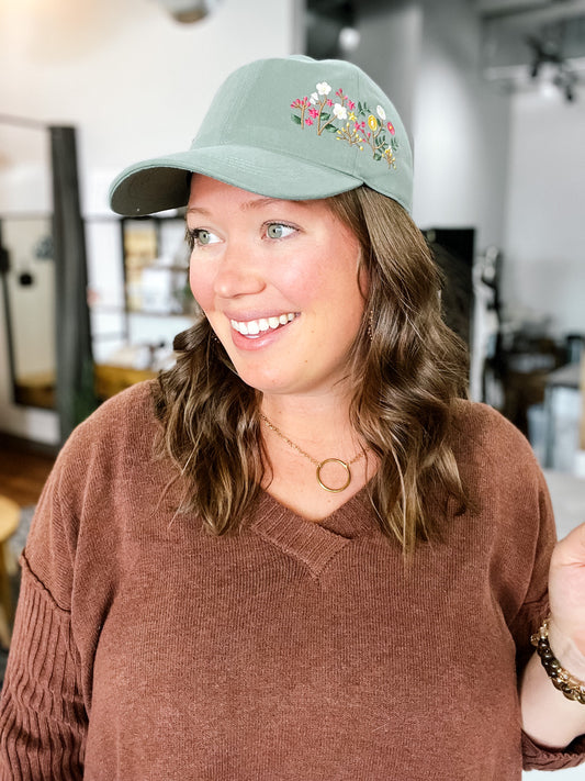 Flowers Embroidered Sage Hat