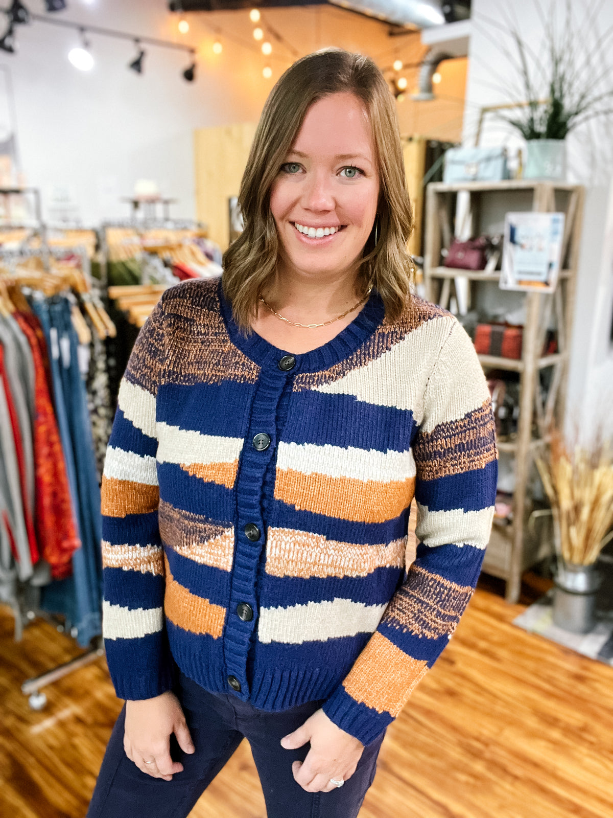 Navy & Brown Abstract Striped Cardigan