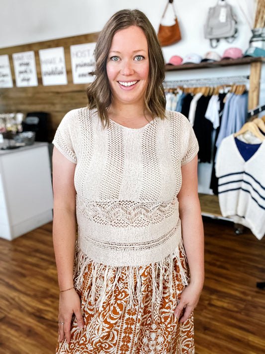 Beige Fringe Short Sleeve Sweater Top