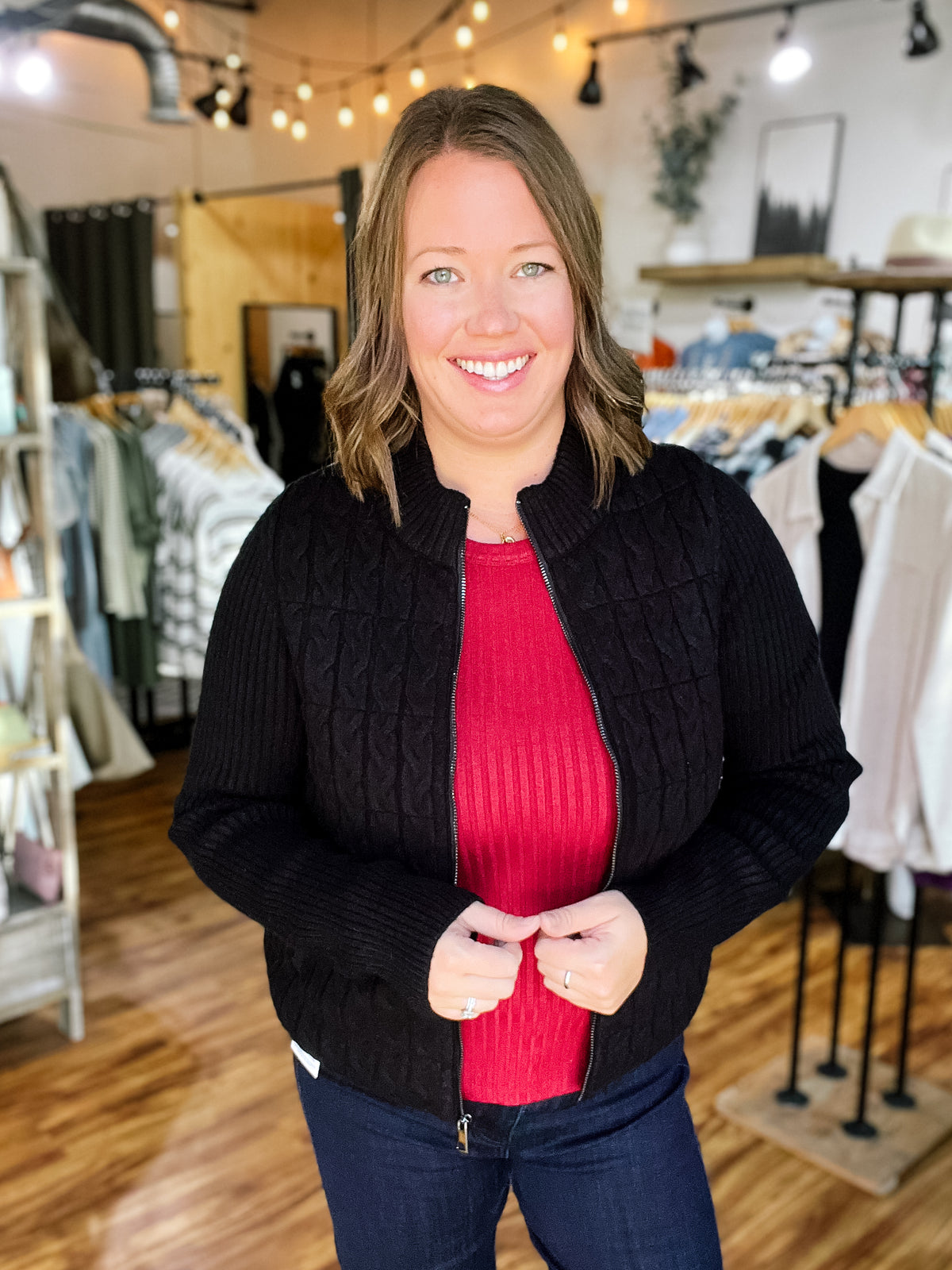 Black Zip Front Quilted Sweater Jacket