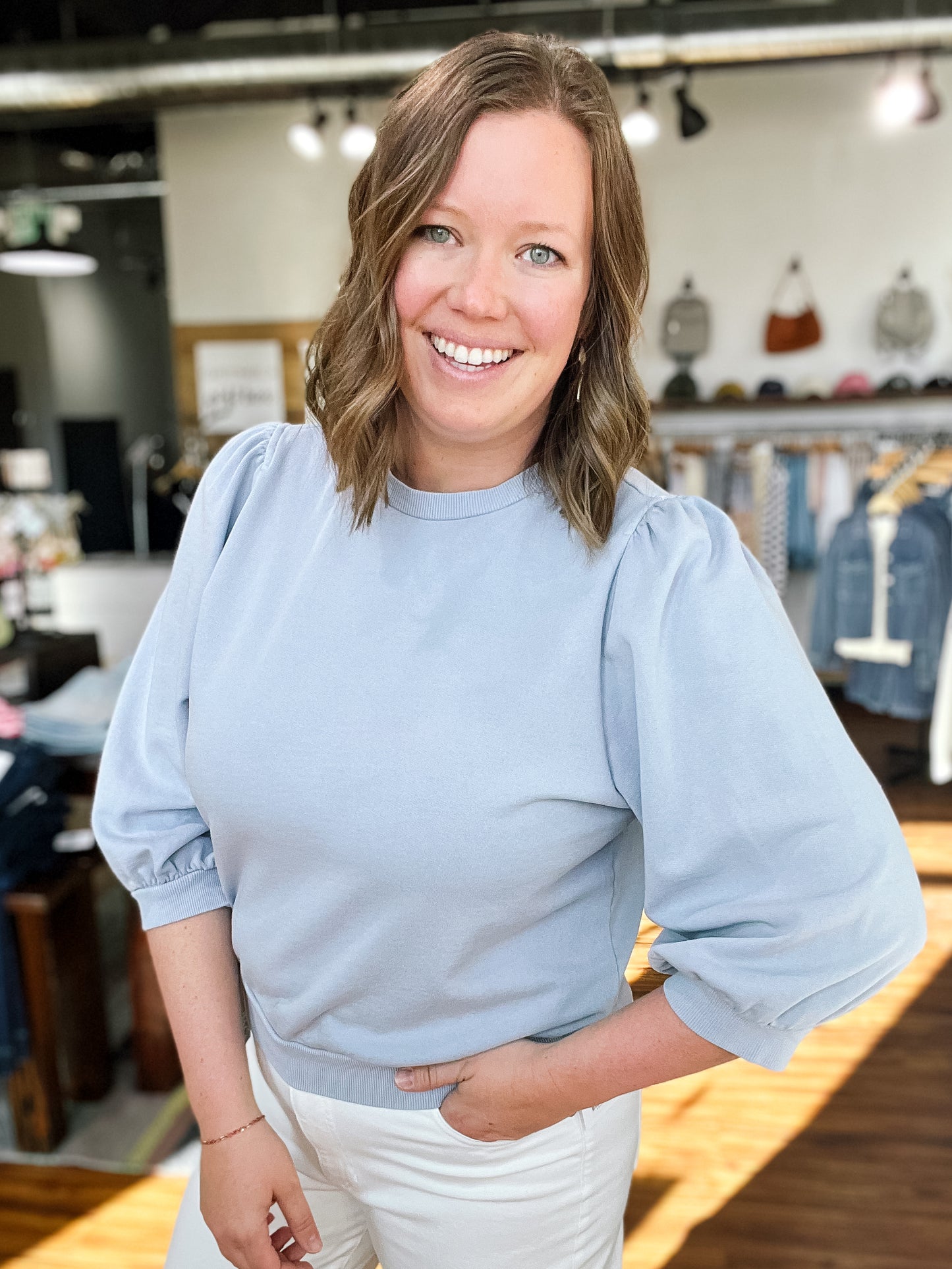Light Blue Puff Sleeve French Terry Top