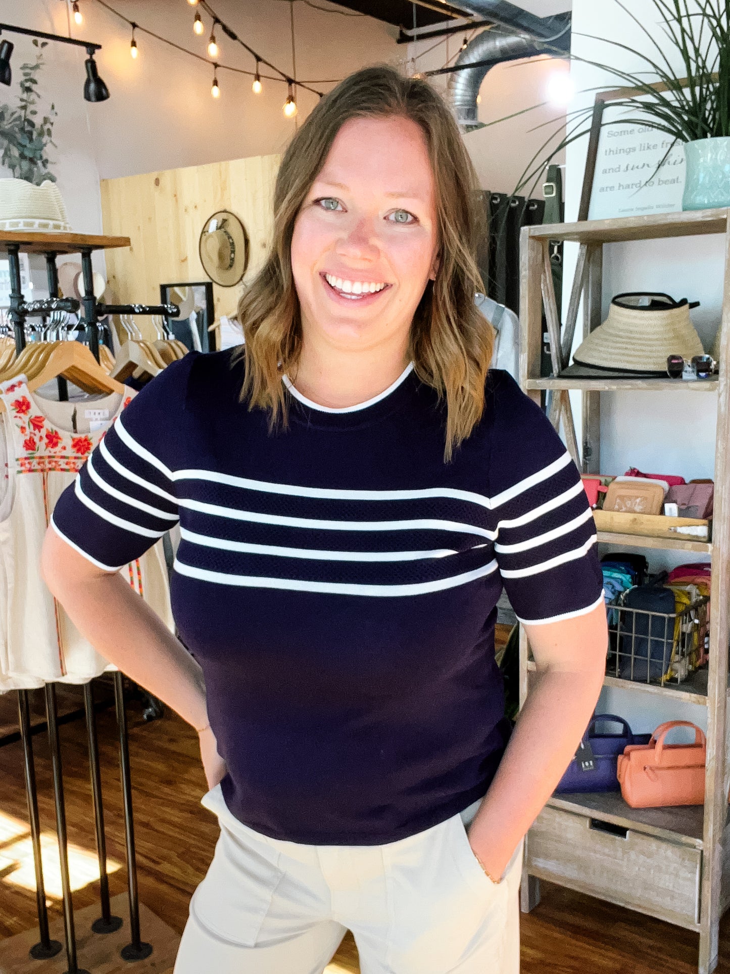 Navy Blue W/White Stripes Short Sleeve Sweater