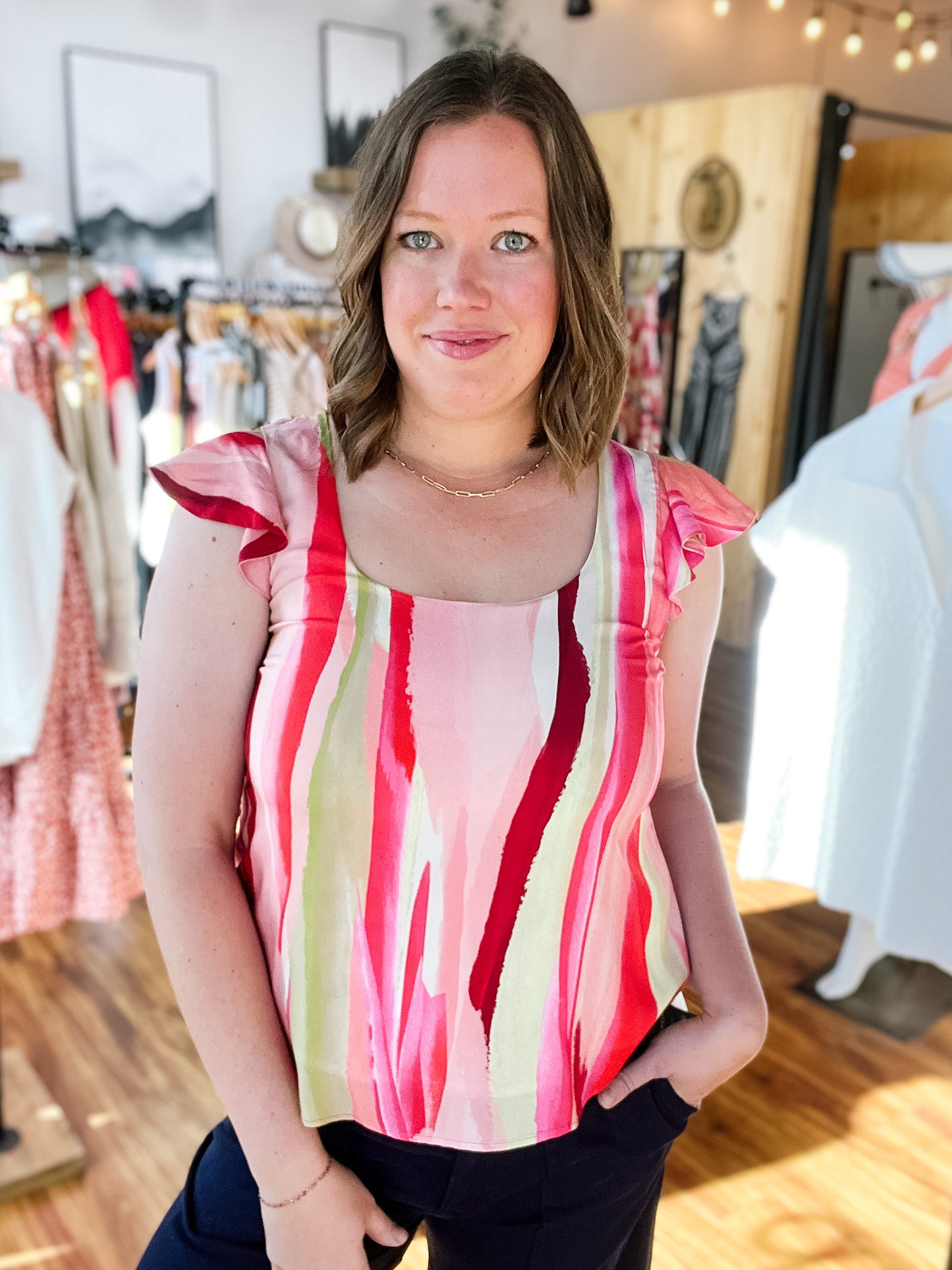 Pink Multi Stripe Flutter Sleeve Top