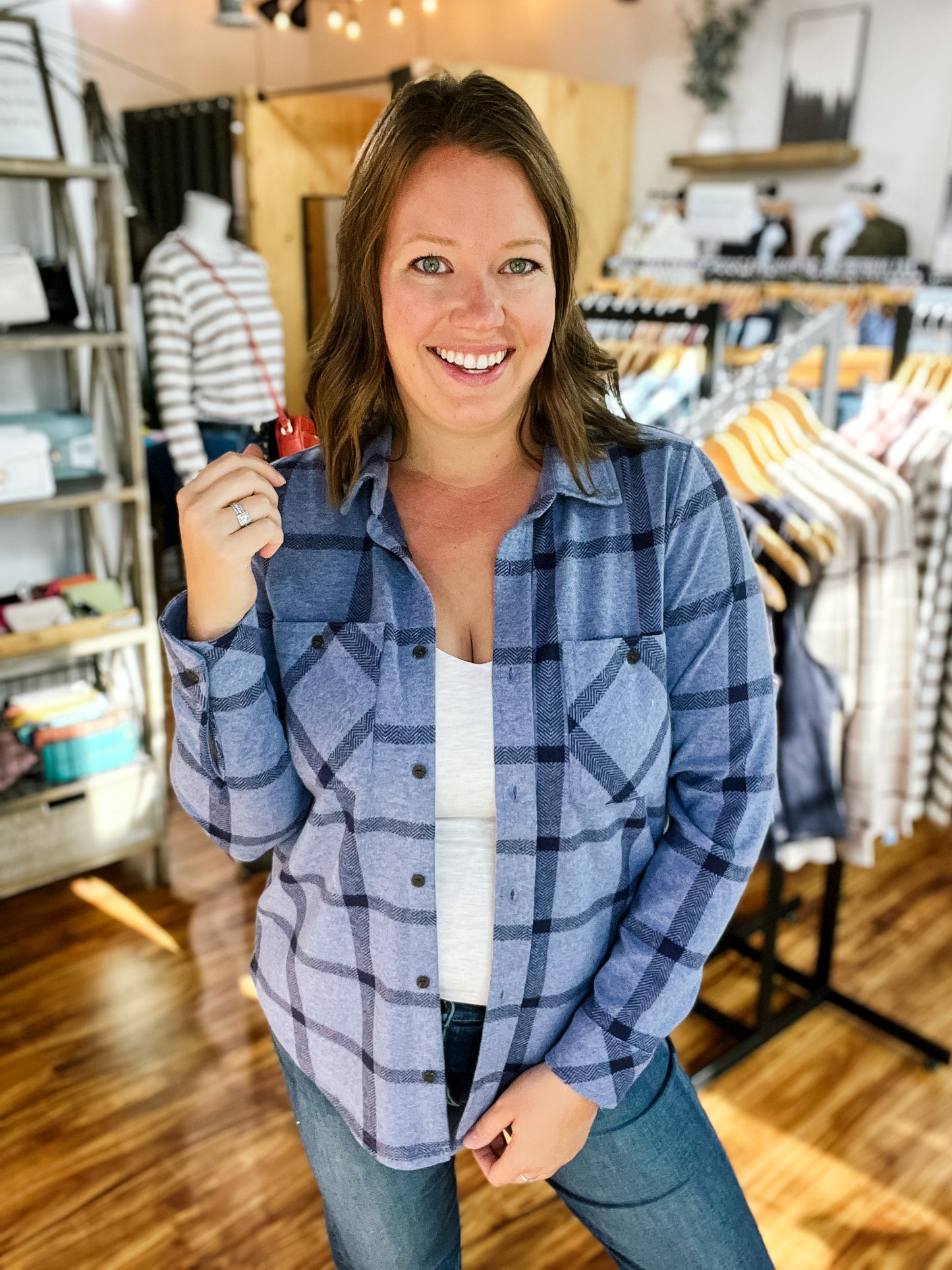 Heather Blue with Navy Plaid Flannel Shirt