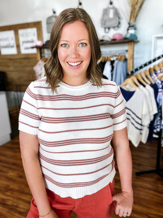 White W/Clay Stripe Short Sleeve Sweater