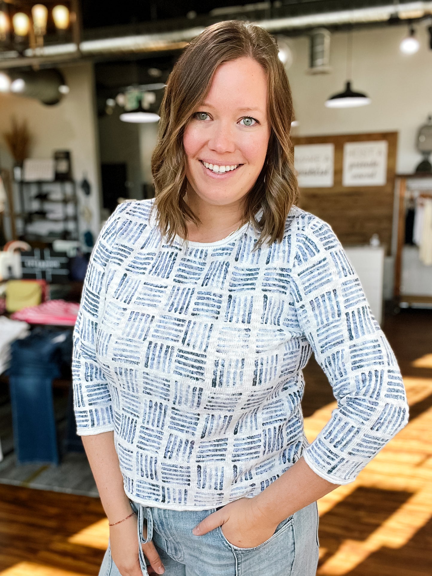 White W/Blue Stamped Pullover Top